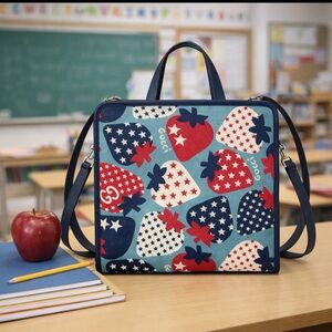 GUCCI KIDS STRAWBERRY & STARS CANVAS TOTE BAG WITH SHOULDER STRAP SCHOOL LUX